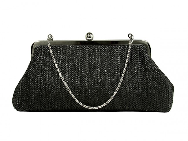 Evening Bag - Braided Straw Like w/ Metal Frame - Black -BG-92069B